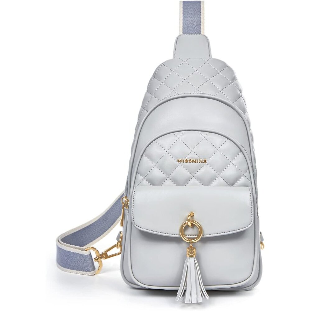 New Grey PU Leather Sling Bag, Quilted Crossbody Travel Bag with Tassel